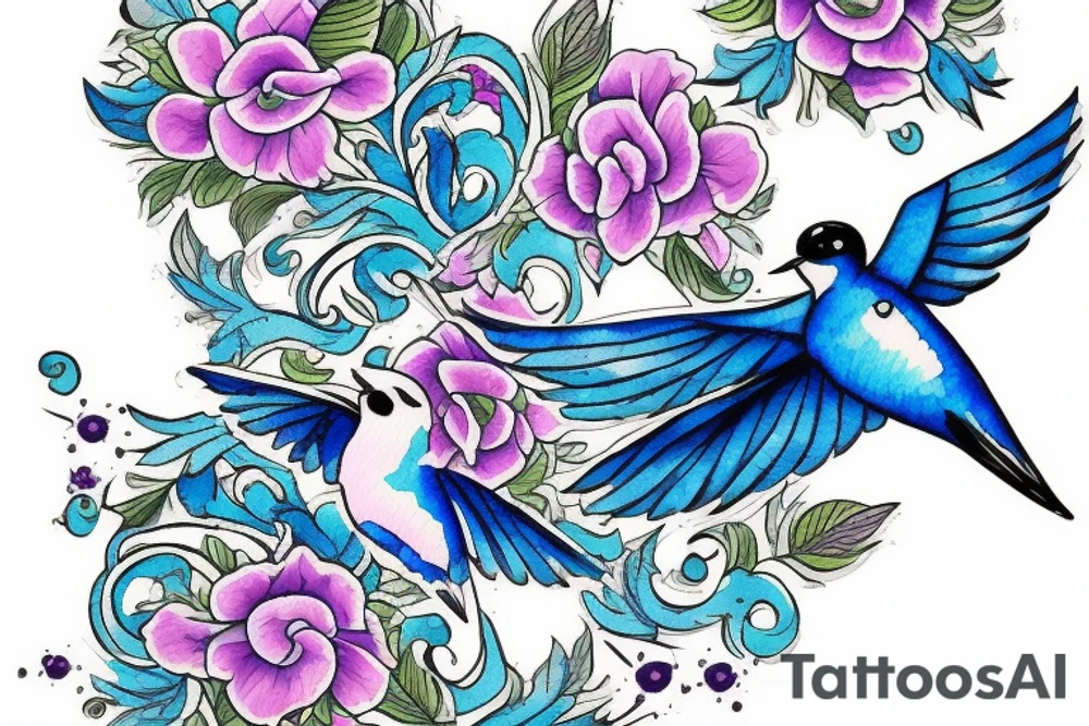 blue flying swallow with royal delft flower and paisley patterns for a foot tattoo idea