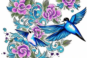 blue flying swallow with royal delft flower and paisley patterns for a foot tattoo idea