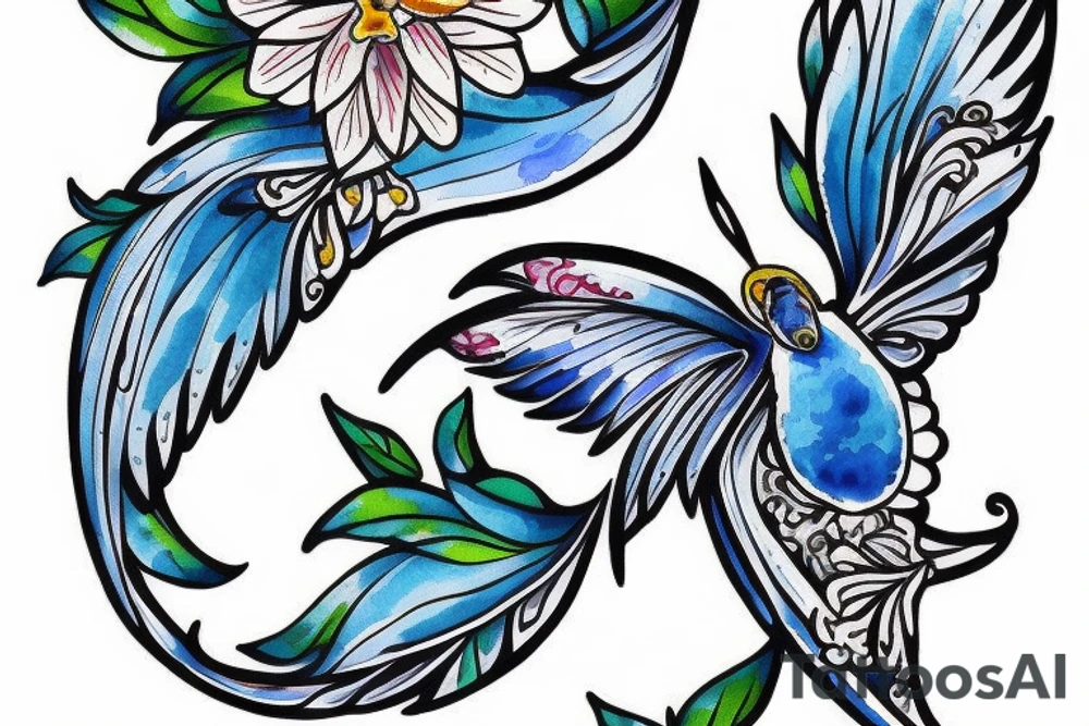 blue flying swallow with royal delft flower and paisley patterns for a foot tattoo idea