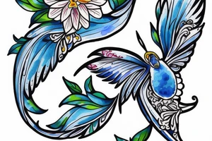 blue flying swallow with royal delft flower and paisley patterns for a foot tattoo idea