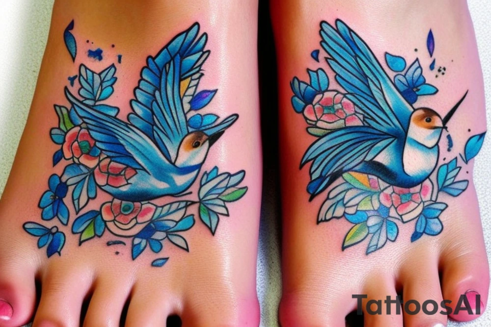 blue flying swallow with royal delft flower and paisley patterns on foot tattoo idea
