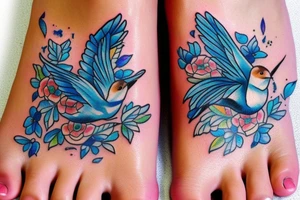blue flying swallow with royal delft flower and paisley patterns on foot tattoo idea