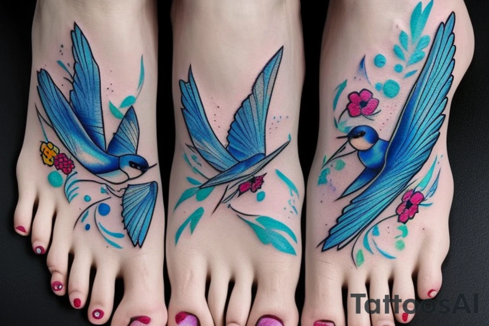 blue flying swallow with royal delft flower and paisley patterns on foot tattoo idea