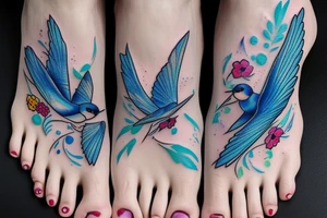 blue flying swallow with royal delft flower and paisley patterns on foot tattoo idea