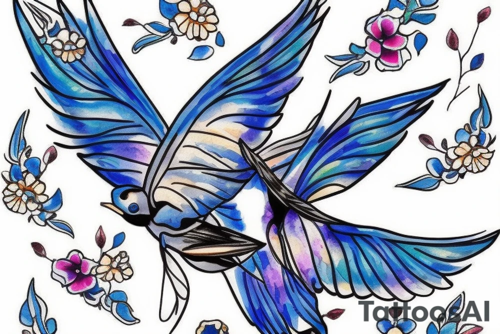 blue flying swallow with delft flower and paisley patterns on foot tattoo idea