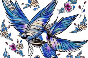 blue flying swallow with delft flower and paisley patterns on foot tattoo idea