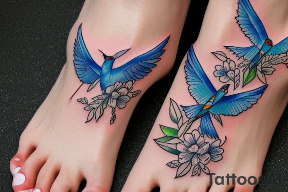blue flying swallow with delft flower and paisley patterns on foot tattoo idea