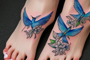 blue flying swallow with delft flower and paisley patterns on foot tattoo idea