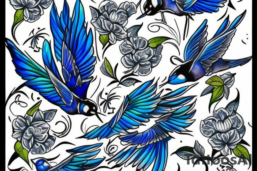 blue flying swallow with delft flower and paisley patterns on foot tattoo idea