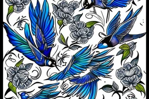 blue flying swallow with delft flower and paisley patterns on foot tattoo idea
