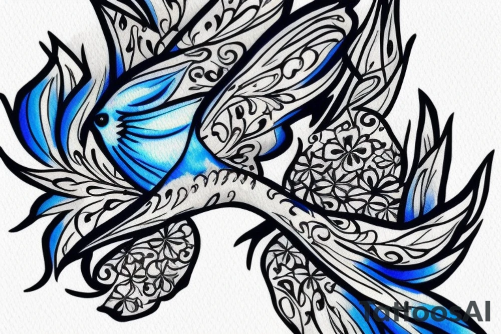 blue flying swallow with delft flower and paisley patterns on foot tattoo idea