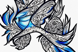 blue flying swallow with delft flower and paisley patterns on foot tattoo idea