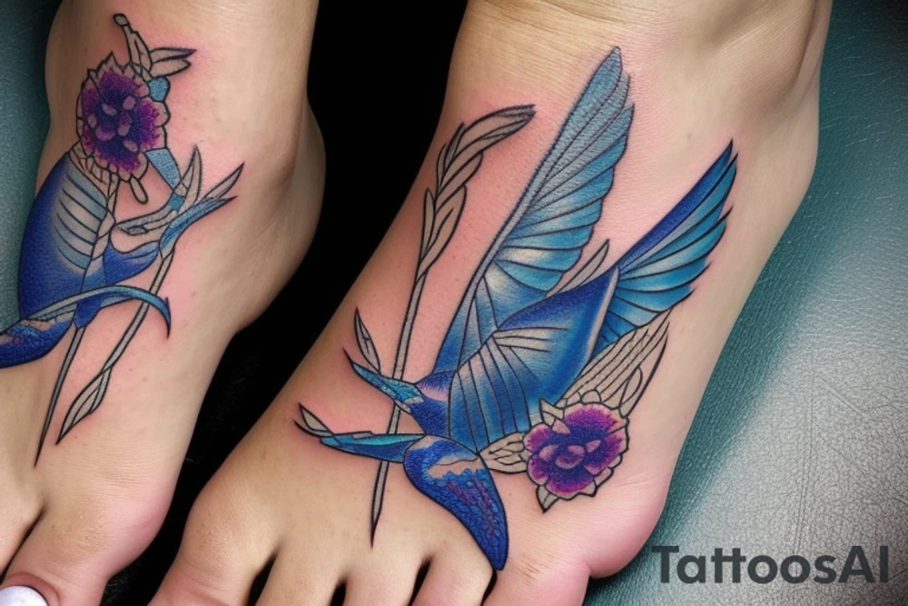 blue flying swallow with delft flower and paisley patterns on foot tattoo idea