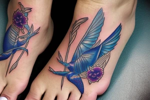 blue flying swallow with delft flower and paisley patterns on foot tattoo idea