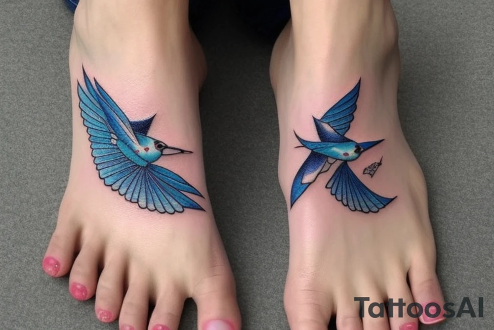 blue flying swallow with delft flower and paisley patterns on foot tattoo idea