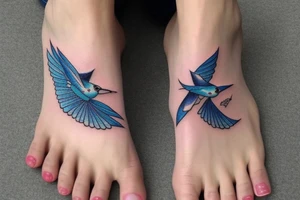 blue flying swallow with delft flower and paisley patterns on foot tattoo idea