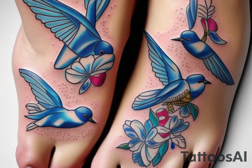 blue flying swallow with delft  patterns on foot tattoo idea