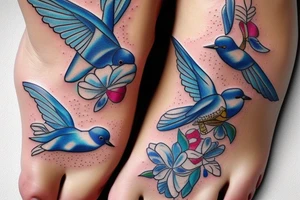 blue flying swallow with delft  patterns on foot tattoo idea