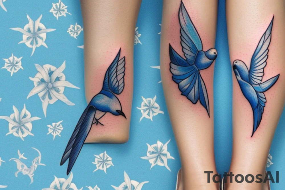 blue flying swallow with delft  patterns on foot tattoo idea