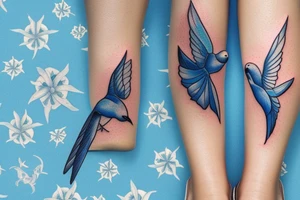 blue flying swallow with delft  patterns on foot tattoo idea