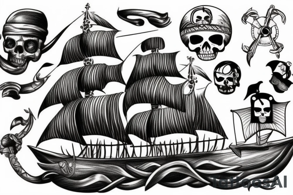 Hyper realism pirate ship in ocean tattoo idea