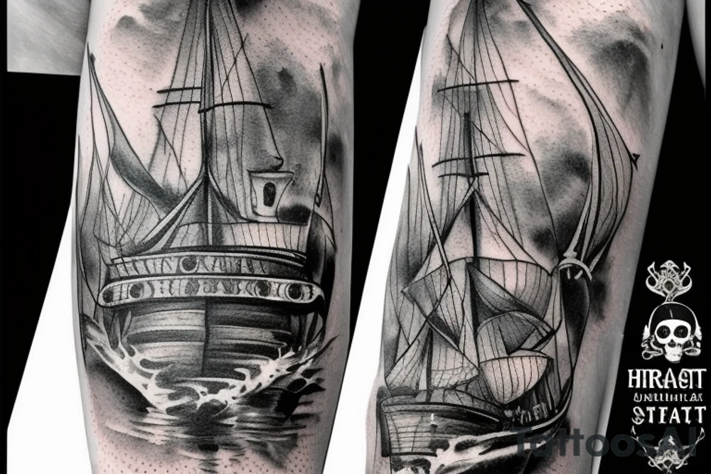 Hyper realism pirate ship in ocean tattoo idea