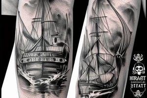 Hyper realism pirate ship in ocean tattoo idea