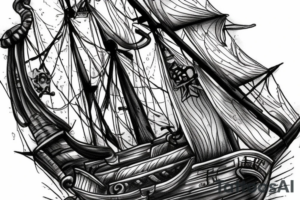 Hyper realism pirate ship in ocean tattoo idea