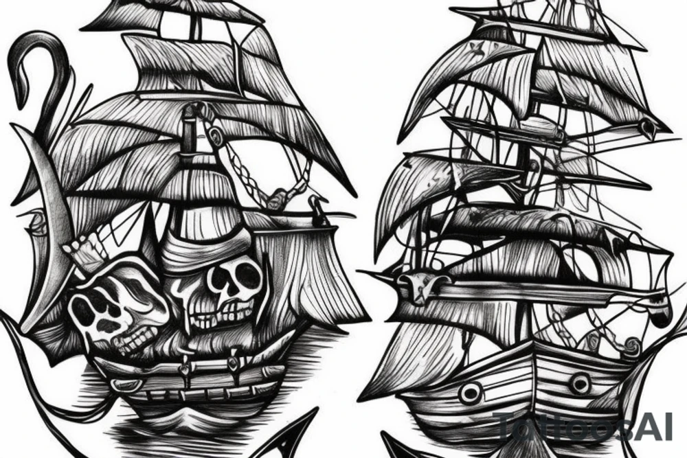 Hyper realism pirate ship in ocean tattoo idea