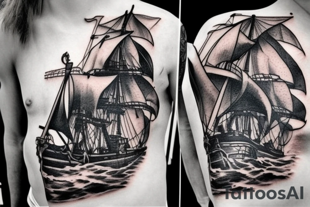 Hyper realism pirate ship in ocean tattoo idea