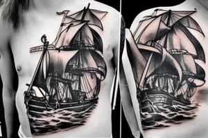 Hyper realism pirate ship in ocean tattoo idea