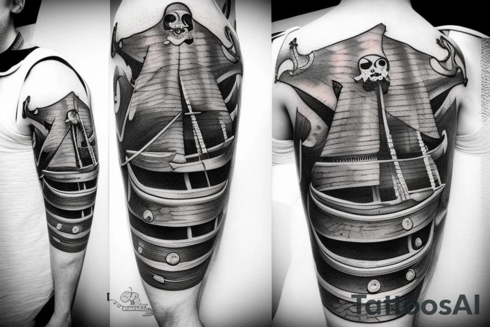 Hyper realism pirate ship in ocean tattoo idea