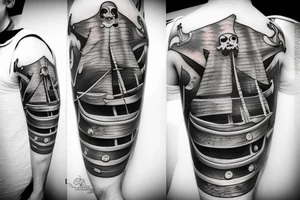 Hyper realism pirate ship in ocean tattoo idea
