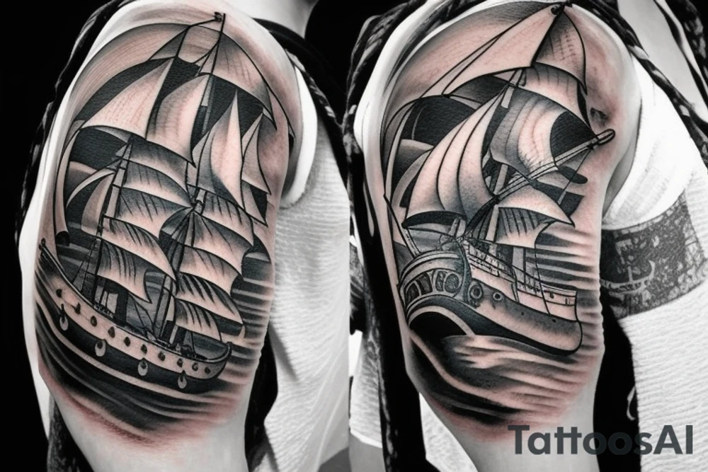 Hyper realism pirate ship in ocean tattoo idea