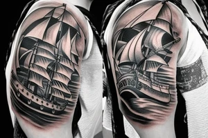 Hyper realism pirate ship in ocean tattoo idea