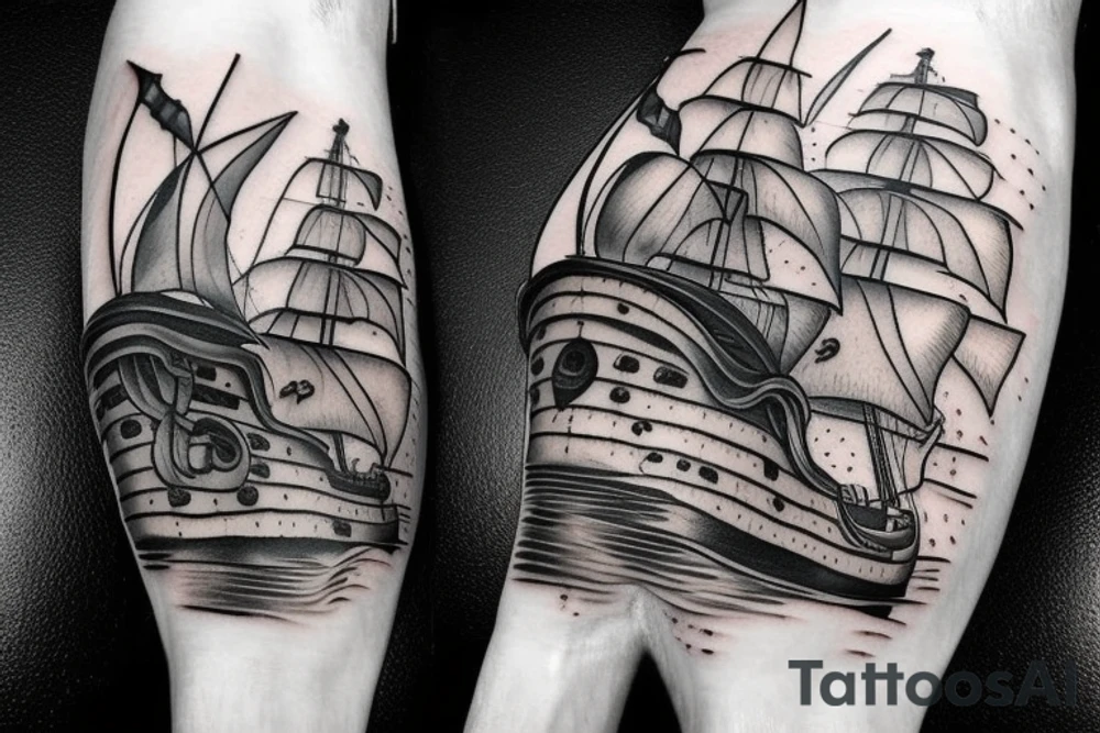 Hyper realism pirate ship in ocean tattoo idea