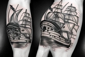 Hyper realism pirate ship in ocean tattoo idea