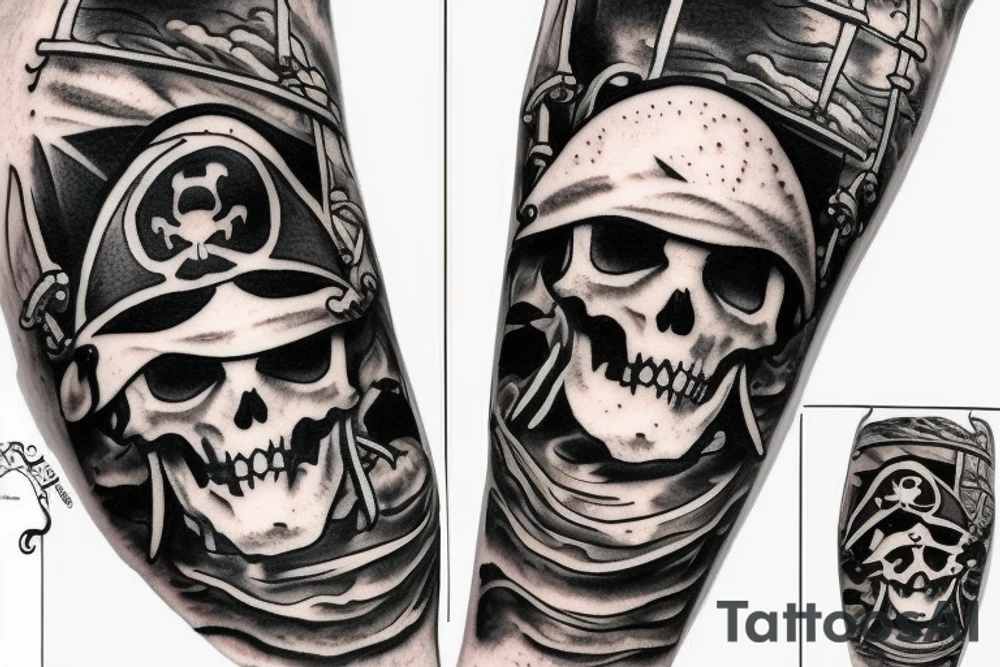 Hyper realism pirate ship in ocean tattoo idea