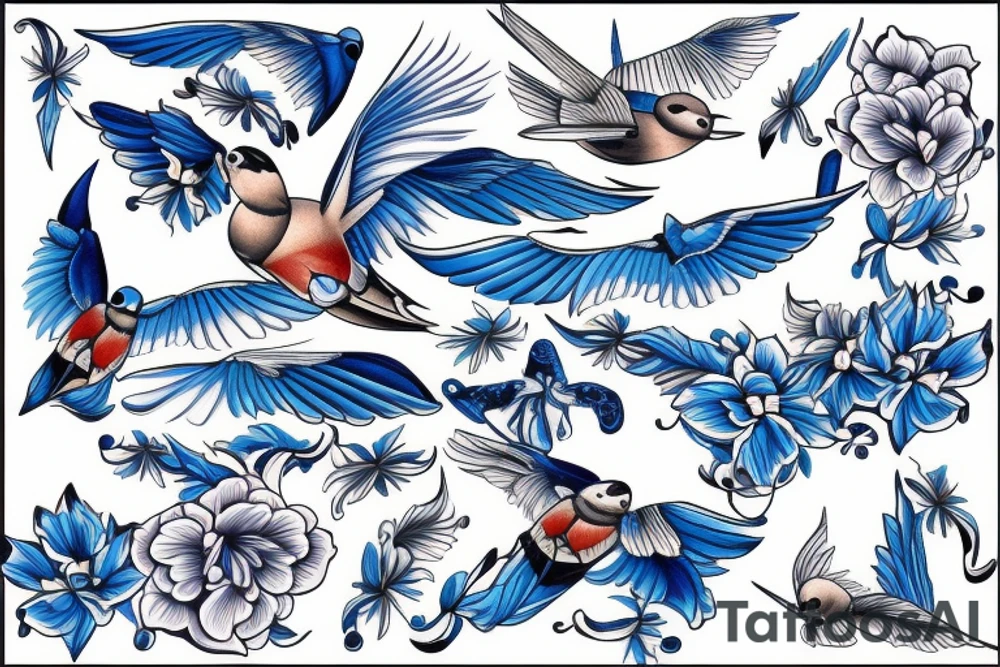 blue flying swallow with delft  pottery pattern tattoo idea