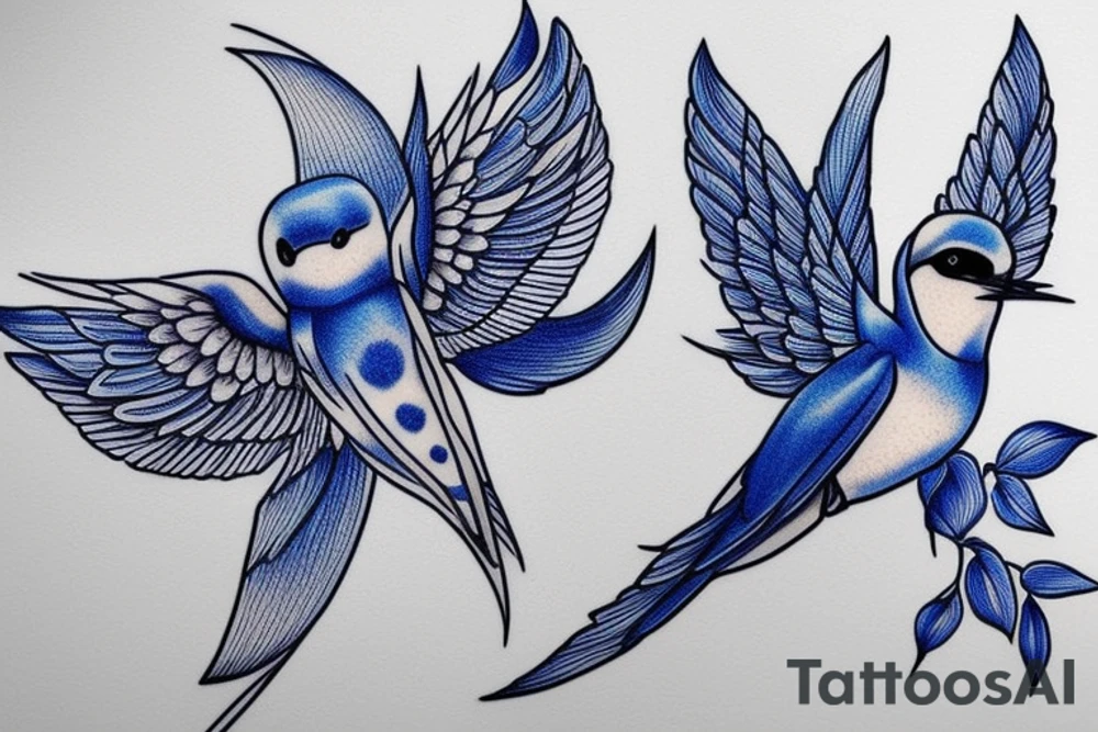 blue flying swallow with delft  pottery pattern tattoo idea