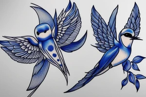 blue flying swallow with delft  pottery pattern tattoo idea