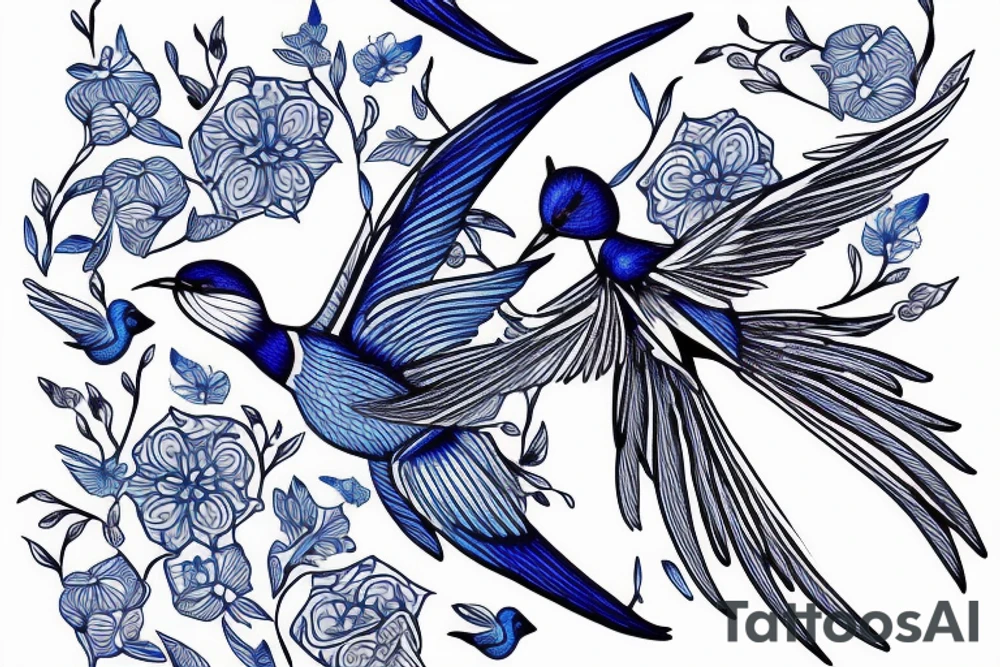 blue flying swallow with delft  pottery pattern tattoo idea