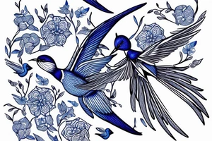 blue flying swallow with delft  pottery pattern tattoo idea