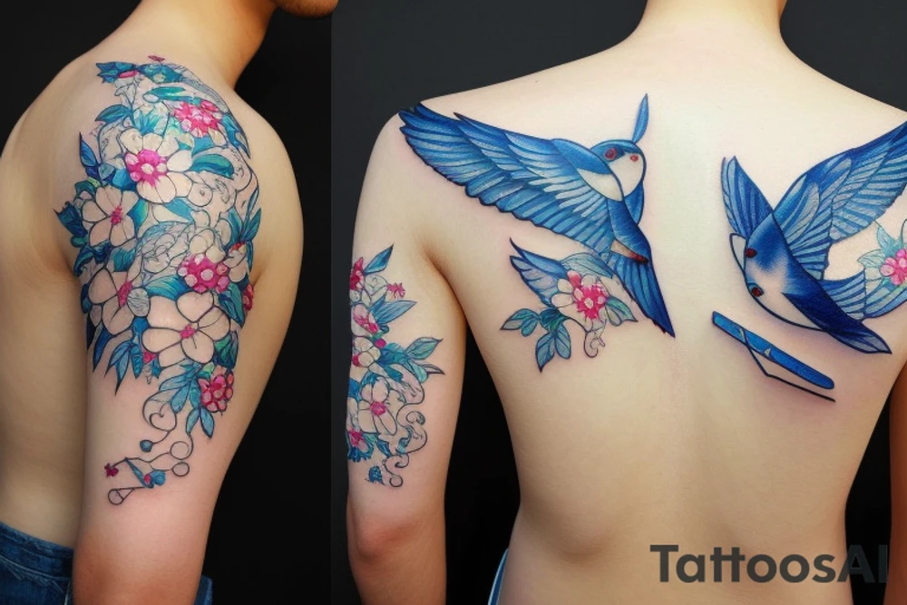 blue flying swallow with delft  pottery pattern tattoo idea