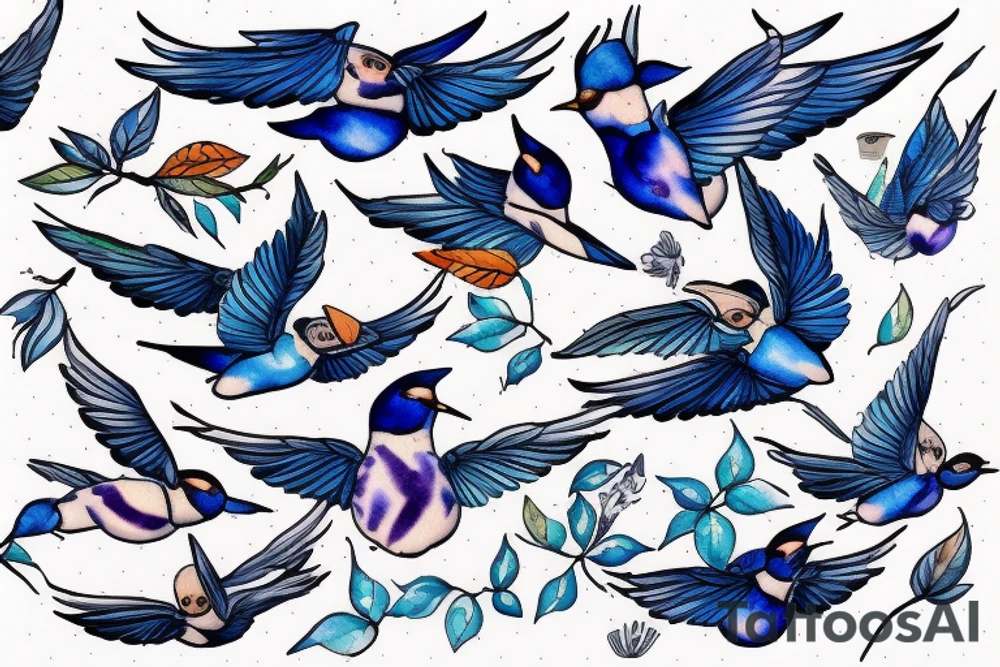 blue flying swallow with delft  pottery pattern tattoo idea