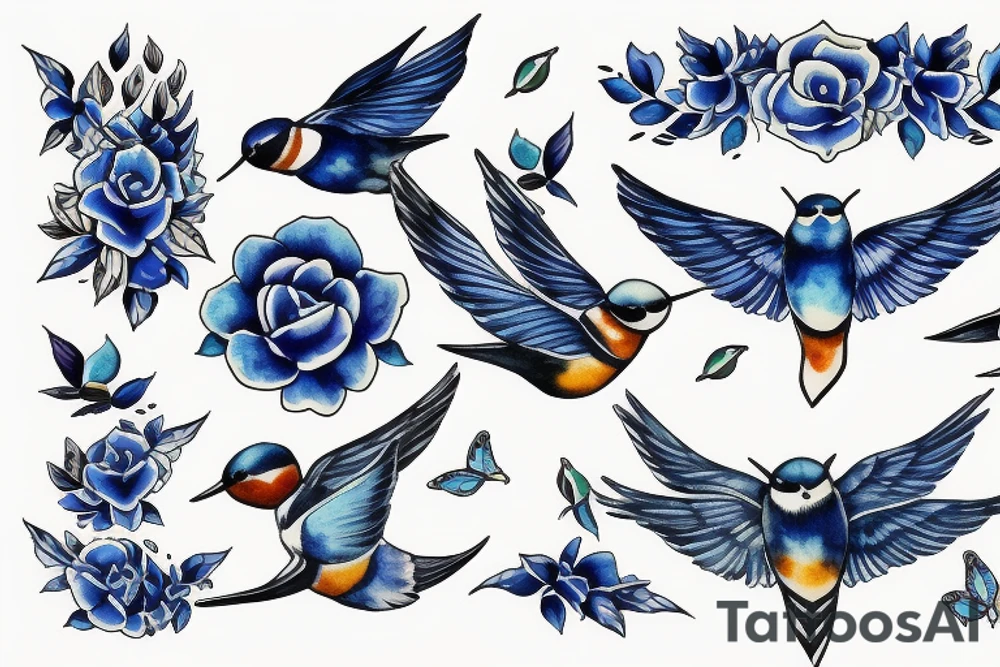 blue flying swallow with delft  pottery pattern tattoo idea