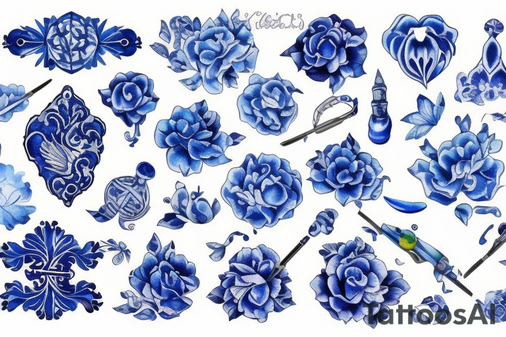 borderless blue delft pattern tattoo idea