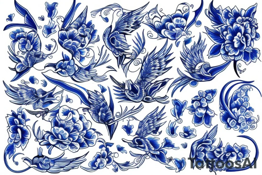 blue delft pattern with blue swallows tattoo idea