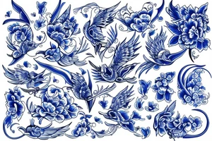 blue delft pattern with blue swallows tattoo idea