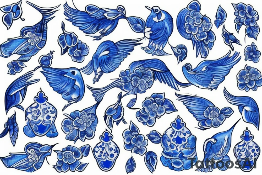 blue delft pattern with blue swallows tattoo idea